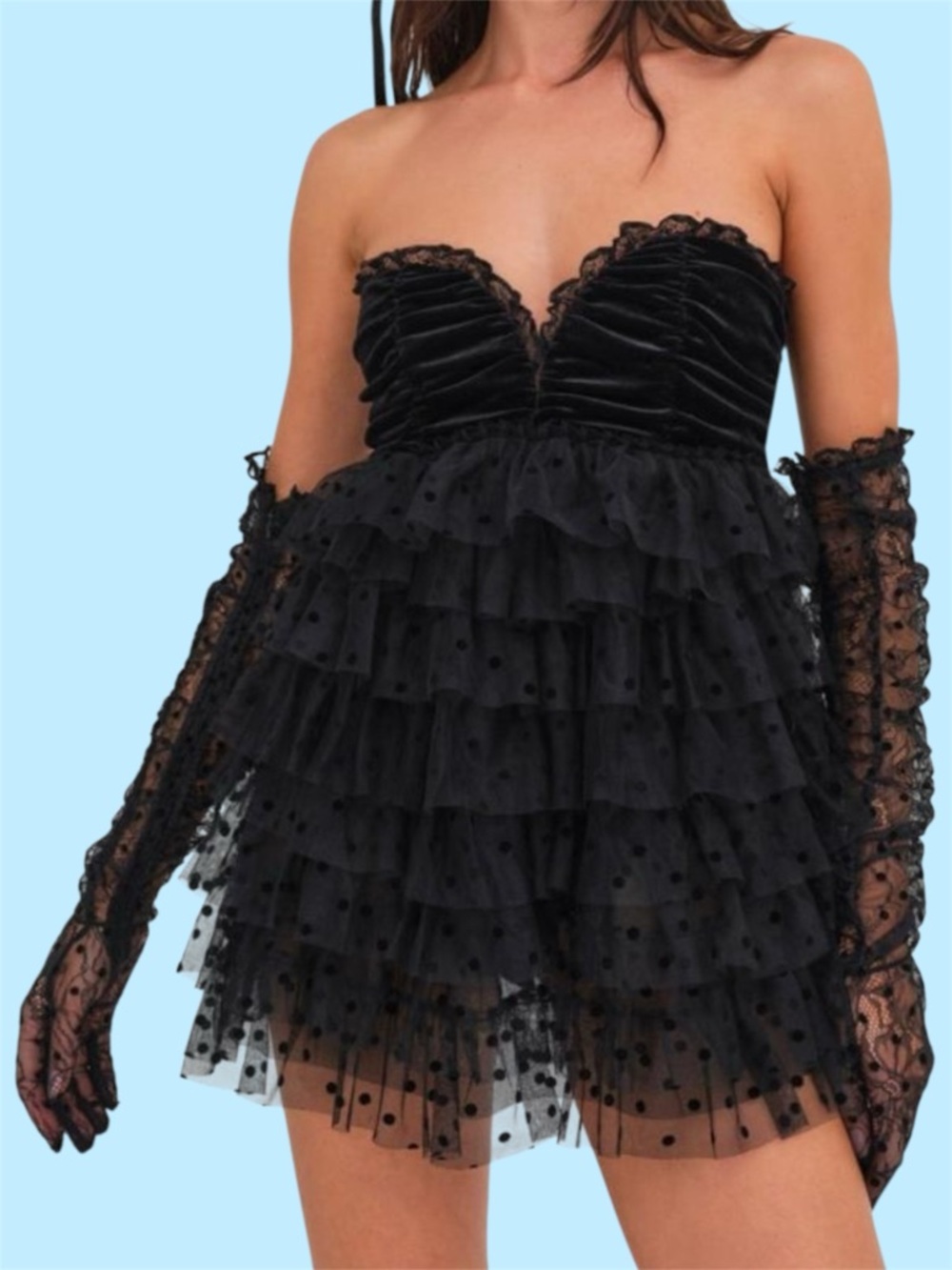 For Love And Lemons Jourdan Black Ruffle Polka Dot Mini Dress/Bodysuit w Gloves